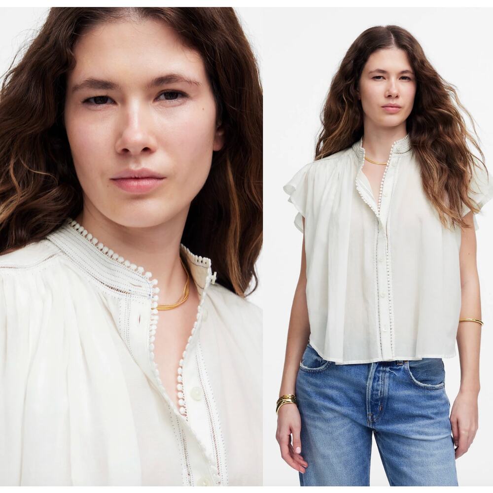 Madewell | NWT Shirred Lace-Trim Top in White | Sz XS